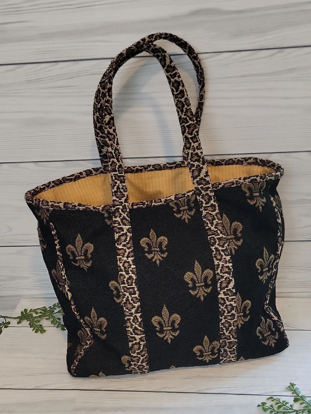 Ruth Michael Black and Gold Fleur-de-Lis Tapestry Tote Bag  16" X 12"